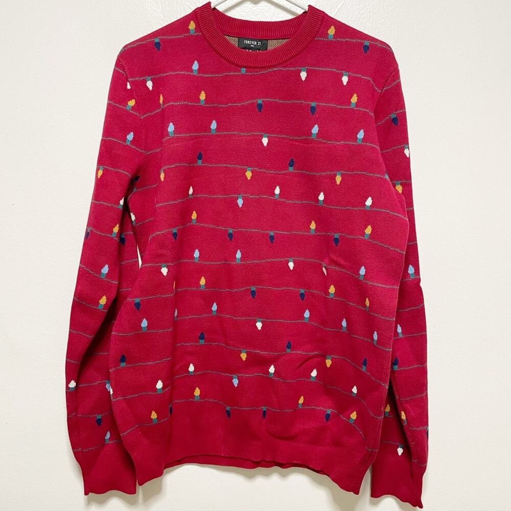 Forever 21 Red Crewneck Christmas Lights Print Sweater